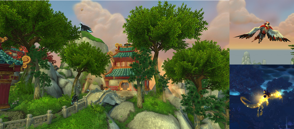 Idyllic Pandaria scene with temple, trees and rocks, and an Infinite dragon on a peak in the background. Inset, top right: white August Phoenix mount, with red hilights - this is a non-fiery phoenix mount. Inset, bottom right: the yellow Astral Emperor
